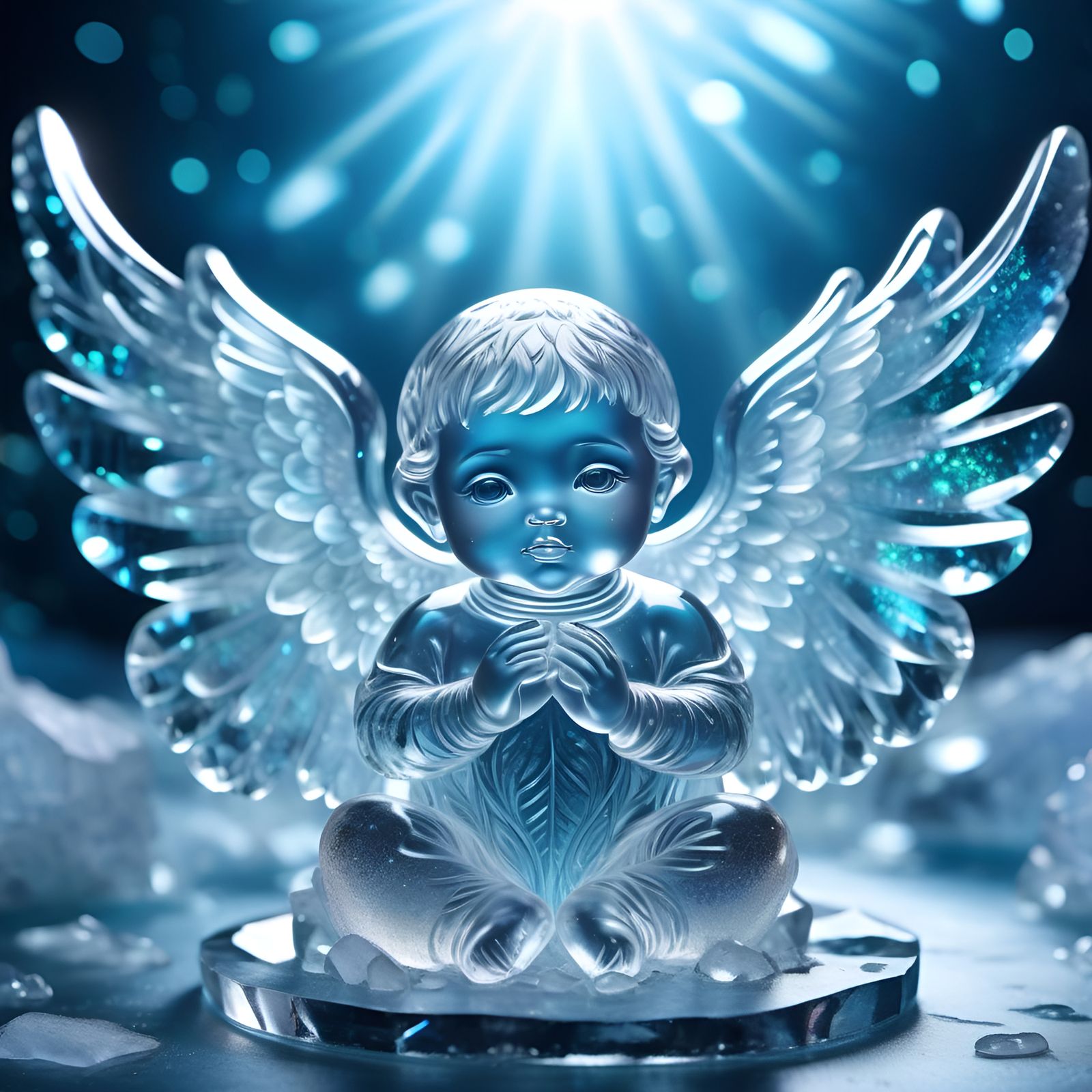 Luminous Ice Angel Sculpture in Winter Night