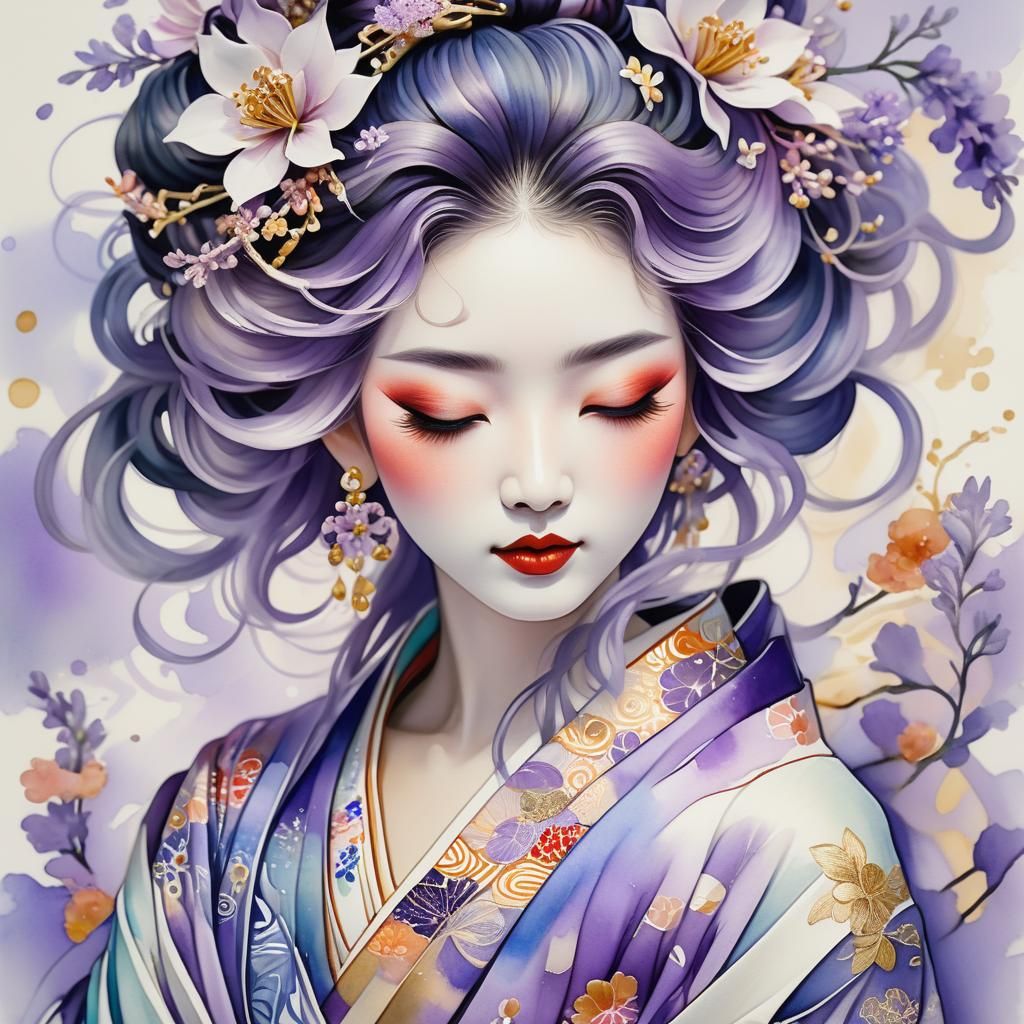 Geisha Portrait with Lavender, Watercolour Style