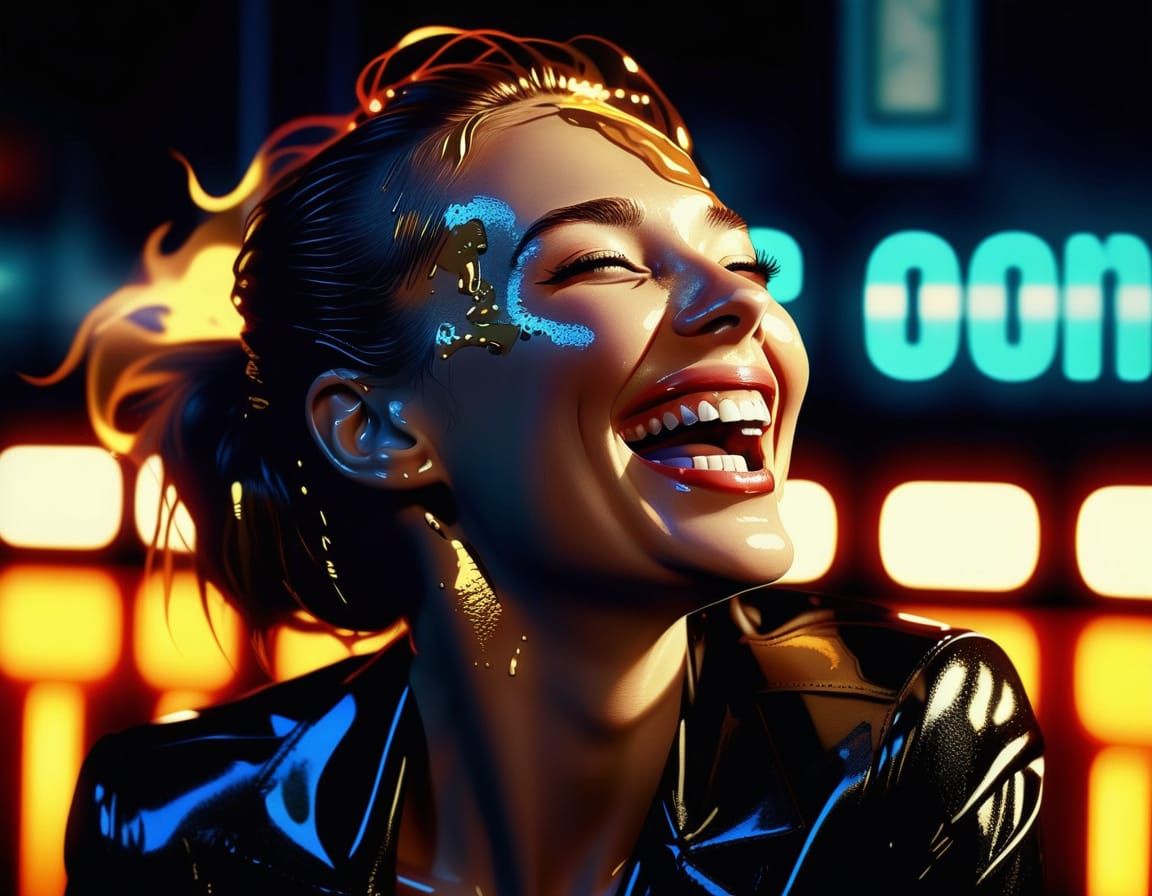 Laughing Woman in Retro Dystopian Cityscape