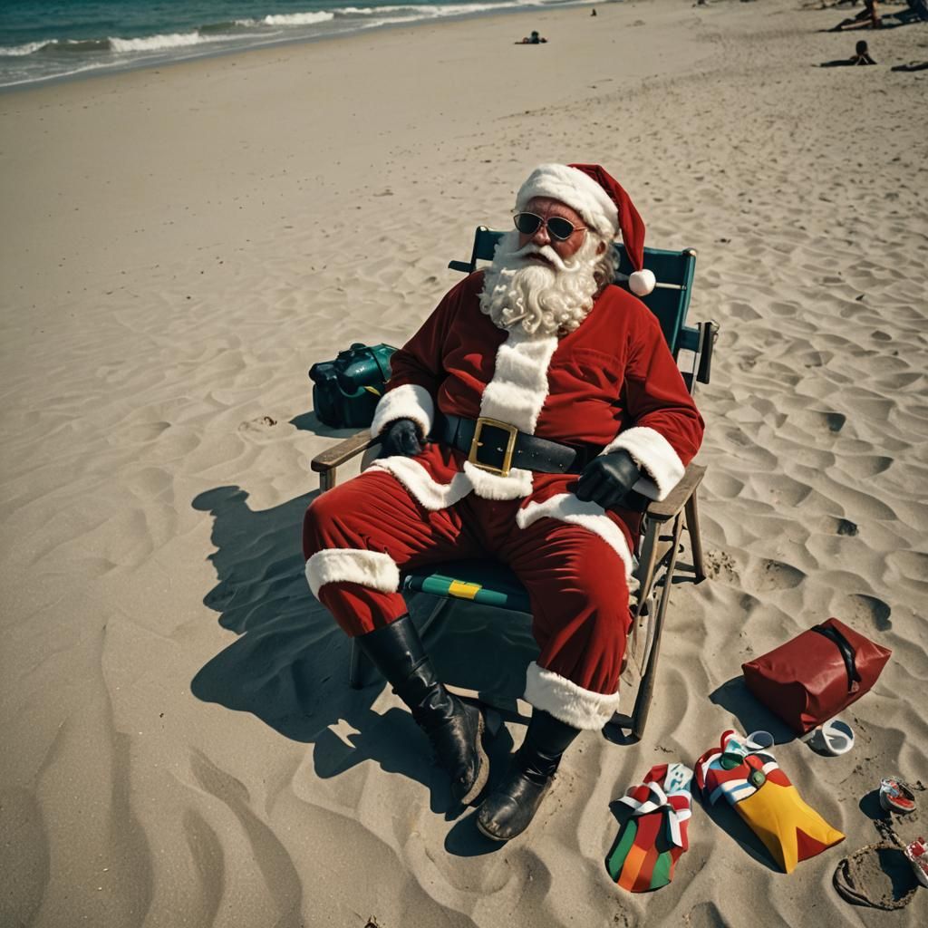 Santa Claus Relaxing on a Sunny Beach