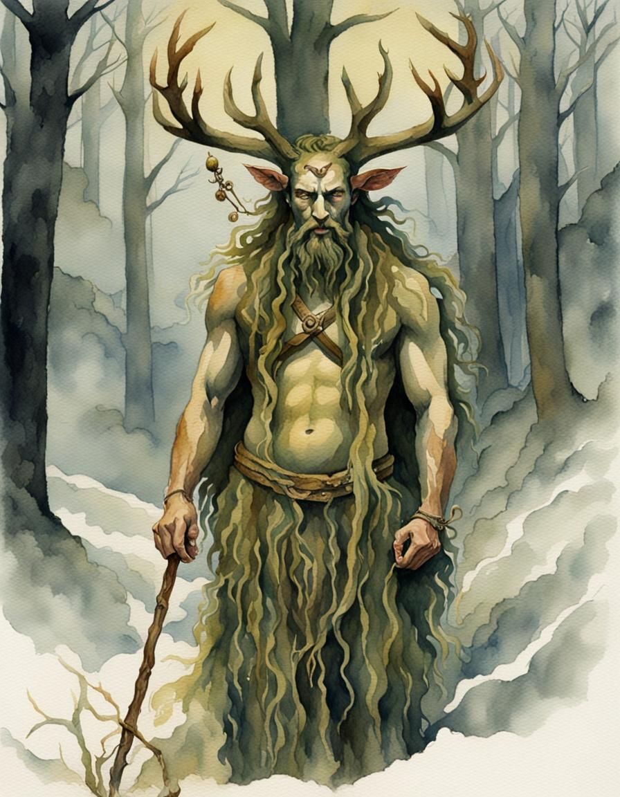 Cernunnos at Imbolc in Watercolor Style