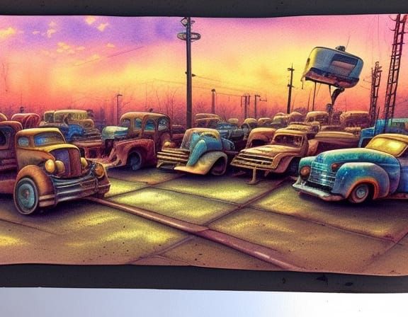 Post-Apocalyptic Junkyard: Antique Cars in Surreal Watercolo...