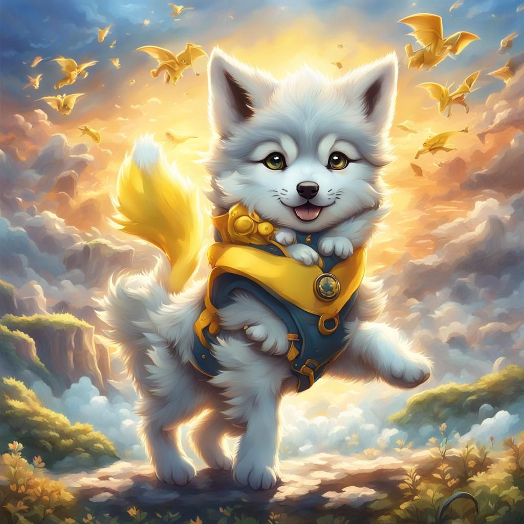 Cute Baby Wolf Dances, Surreal Anime Style