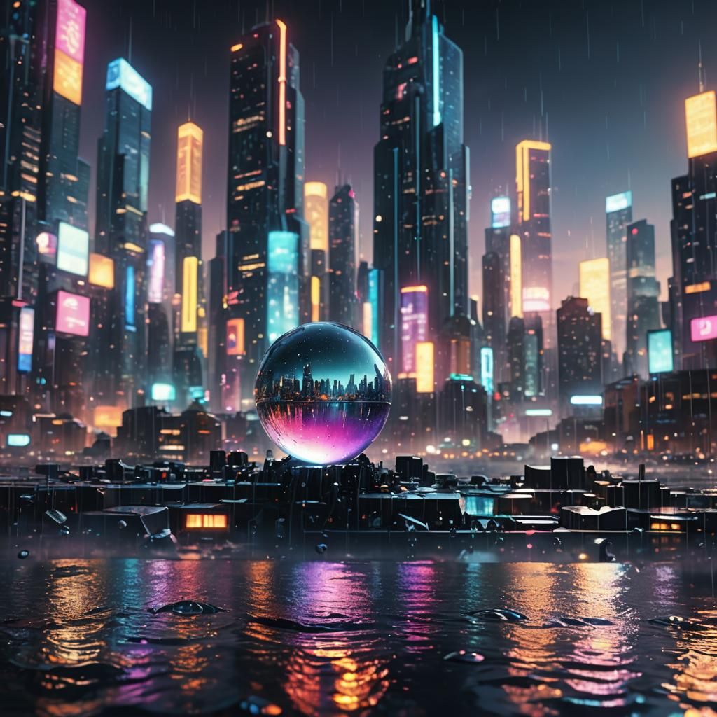 Futuristic Cityscape Reflected in Water Droplets