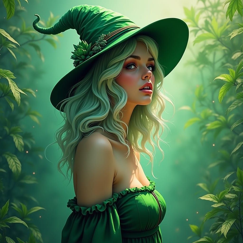 Green Sorceress in Vibrant Tropical Landscape