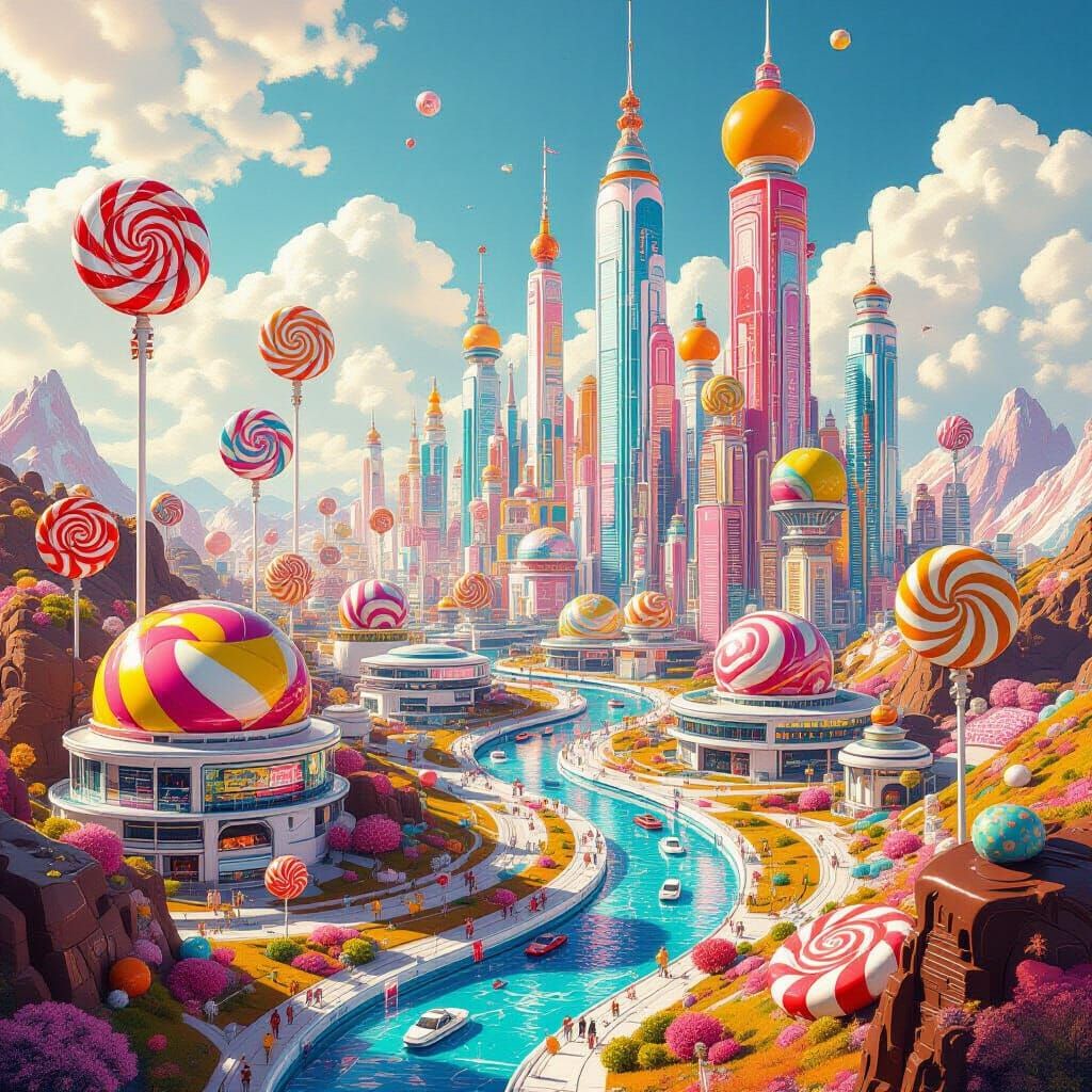 Futuristic Candy City: Lollipop Skyscrapers & Gumdrop Hills