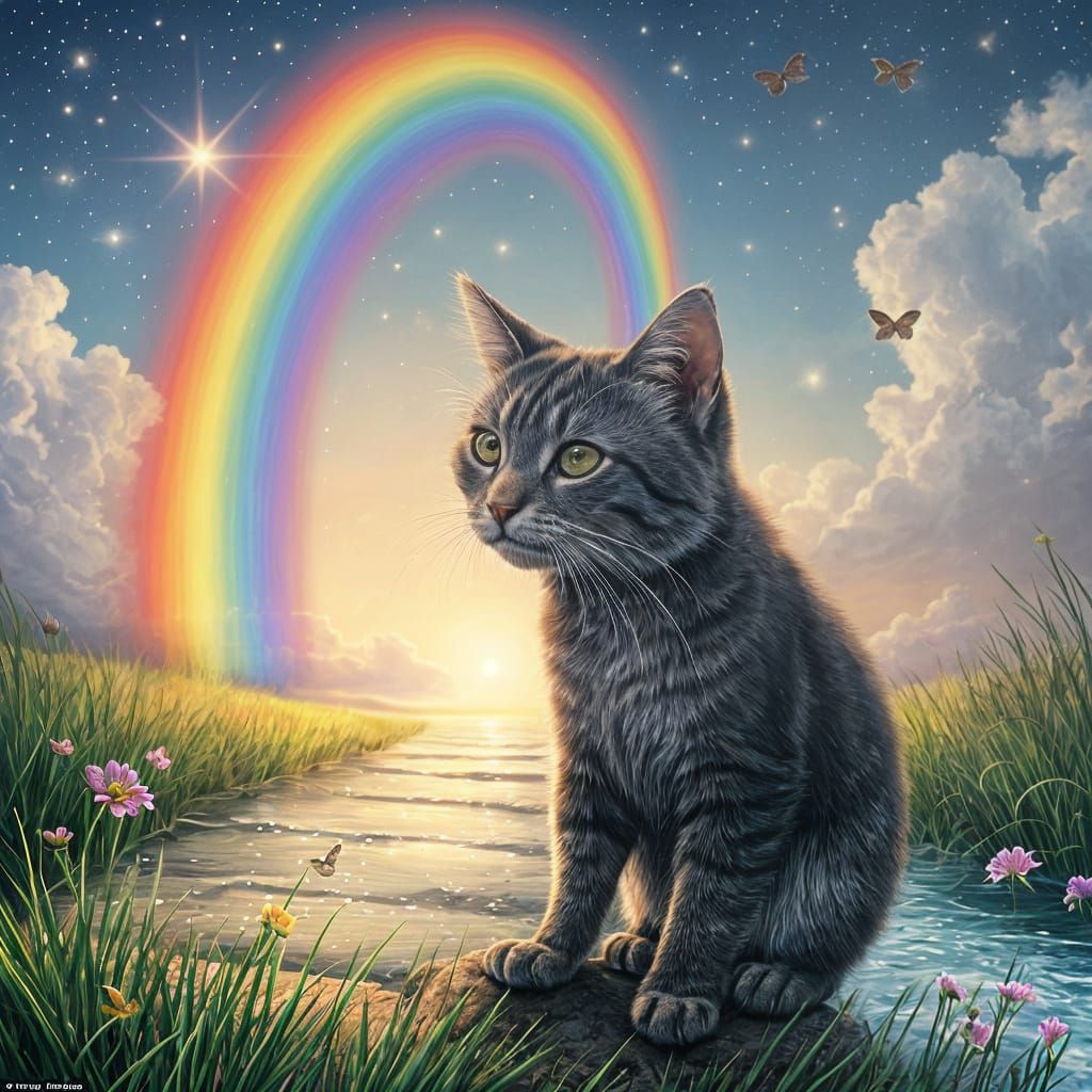 Rainbow Bridge Scene with Cat