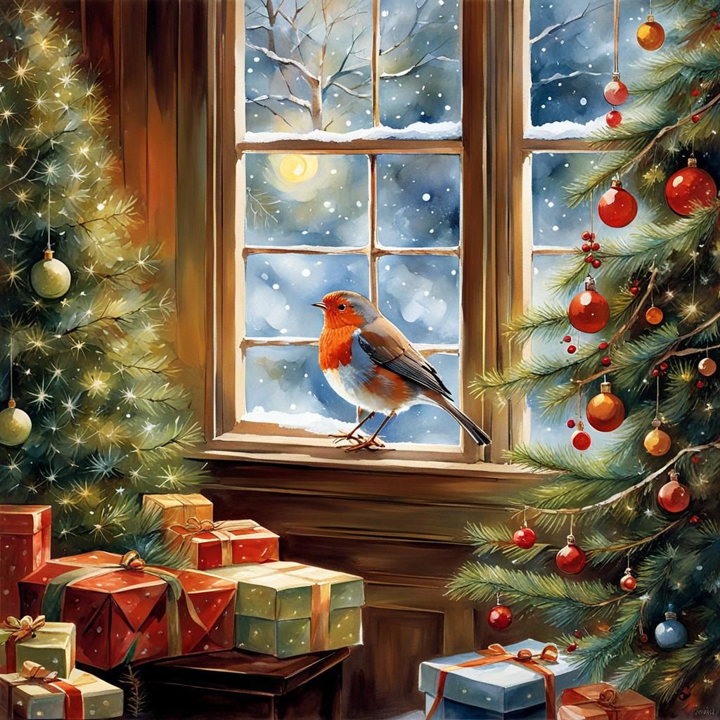 Festive Robin Observes Christmas Scene