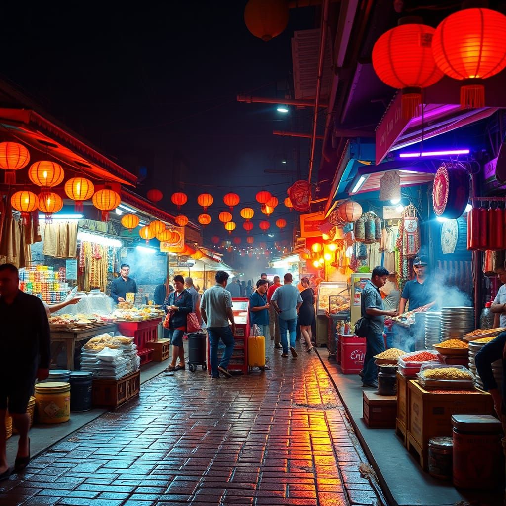 Vibrant Night Market Scene in Cyberpunk Style