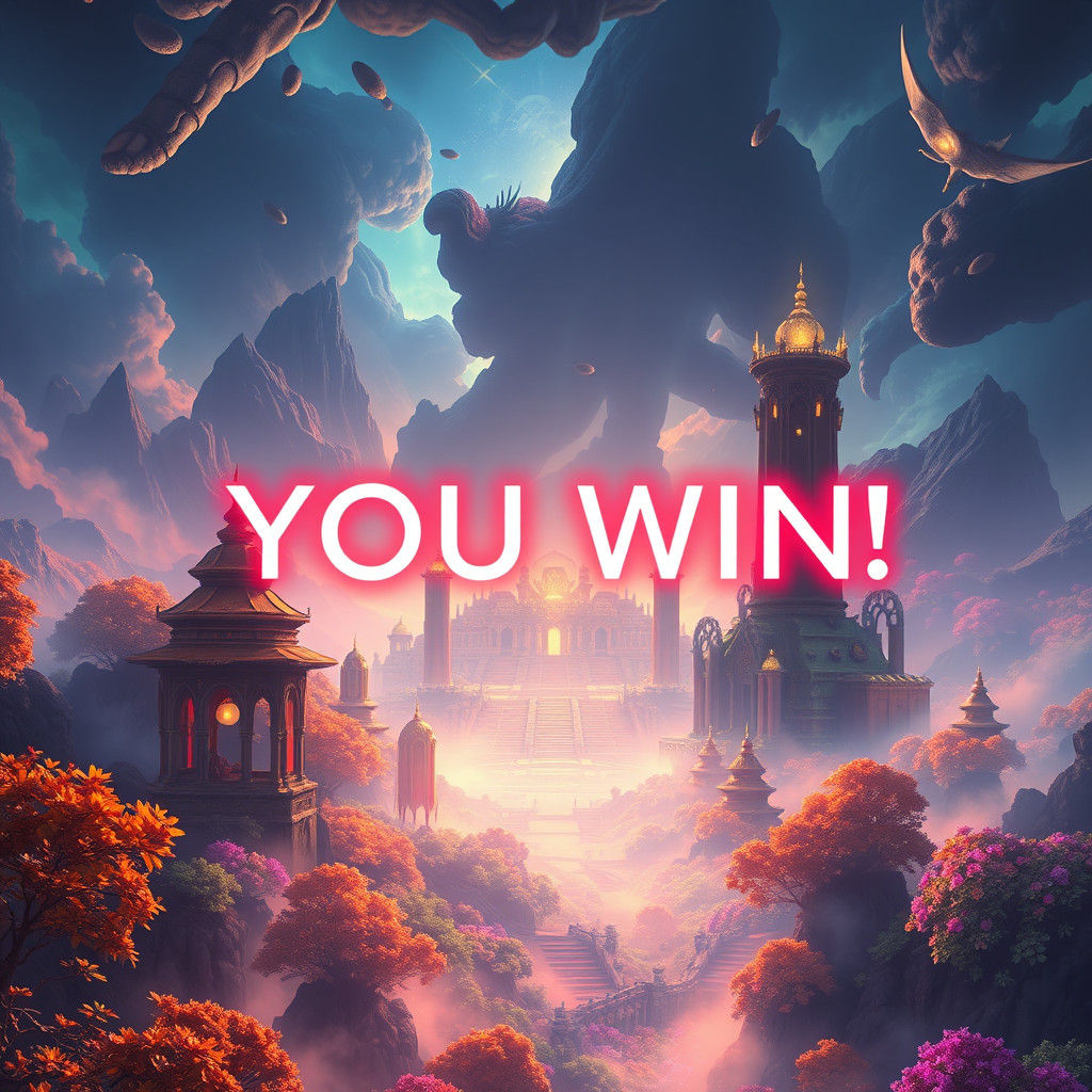 Glowing You Win Screen with Fantasy Landscape