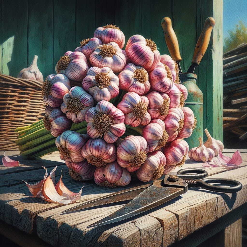 Macro View of Braided Pink Garlic as Watercolor