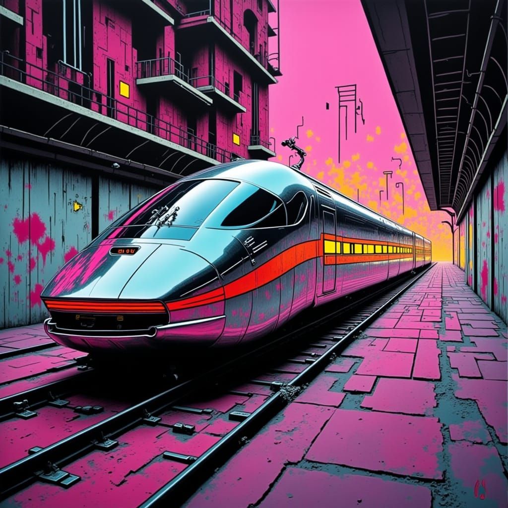 Retro-Futuristic 1970s Train in Urban Setting