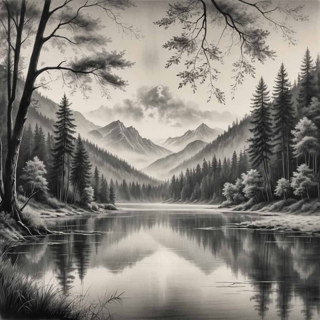 Charcoal Drawing: Serene Lake Reflecting Majestic Mountains