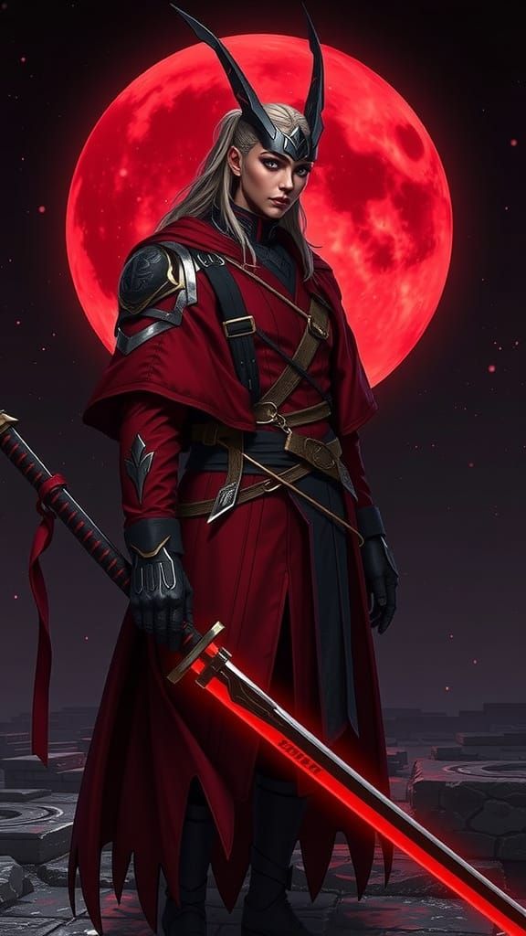 Female Swordmaster in Minimalist Courtyard as Digital Art