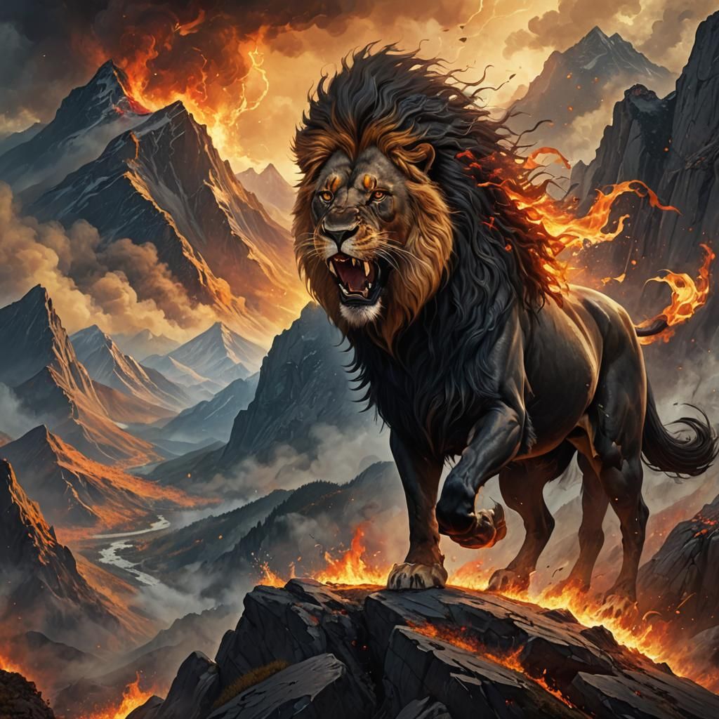 Lion Roaring with Black Horse in Fantasy Landscape