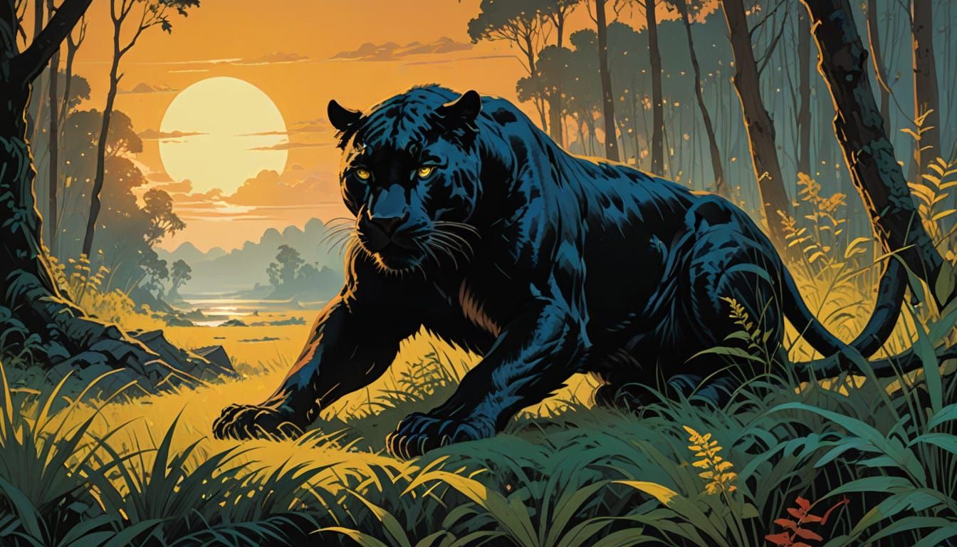 Majestic Black Panther in Vibrant Jungle Landscape