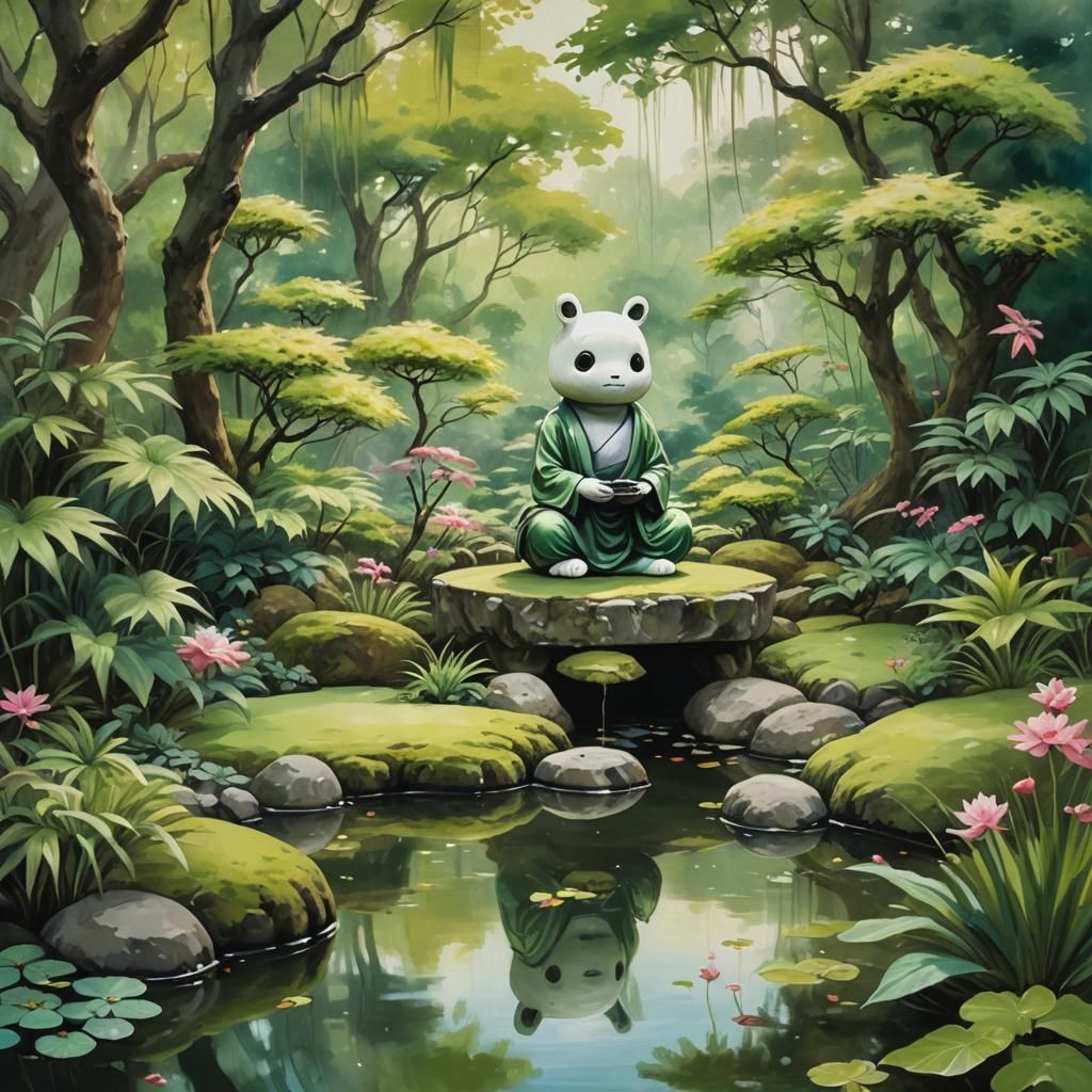 Android Painting in Japanese Garden, Whimsical Oil