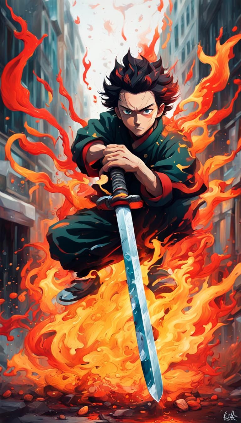 Tanjiro Kamado Graffiti Art with Flaming Sword