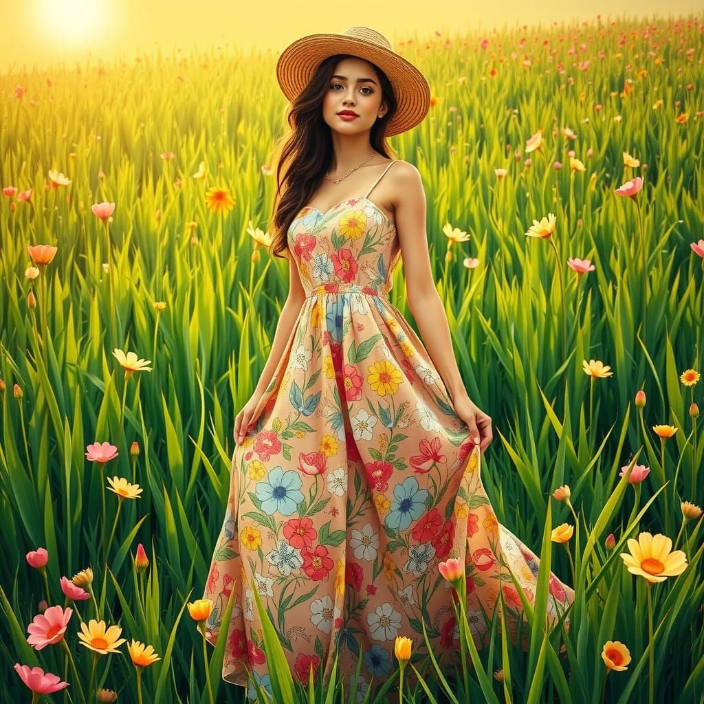 Vibrant Spring Pin-Up Girl with Wildflower Print Dress