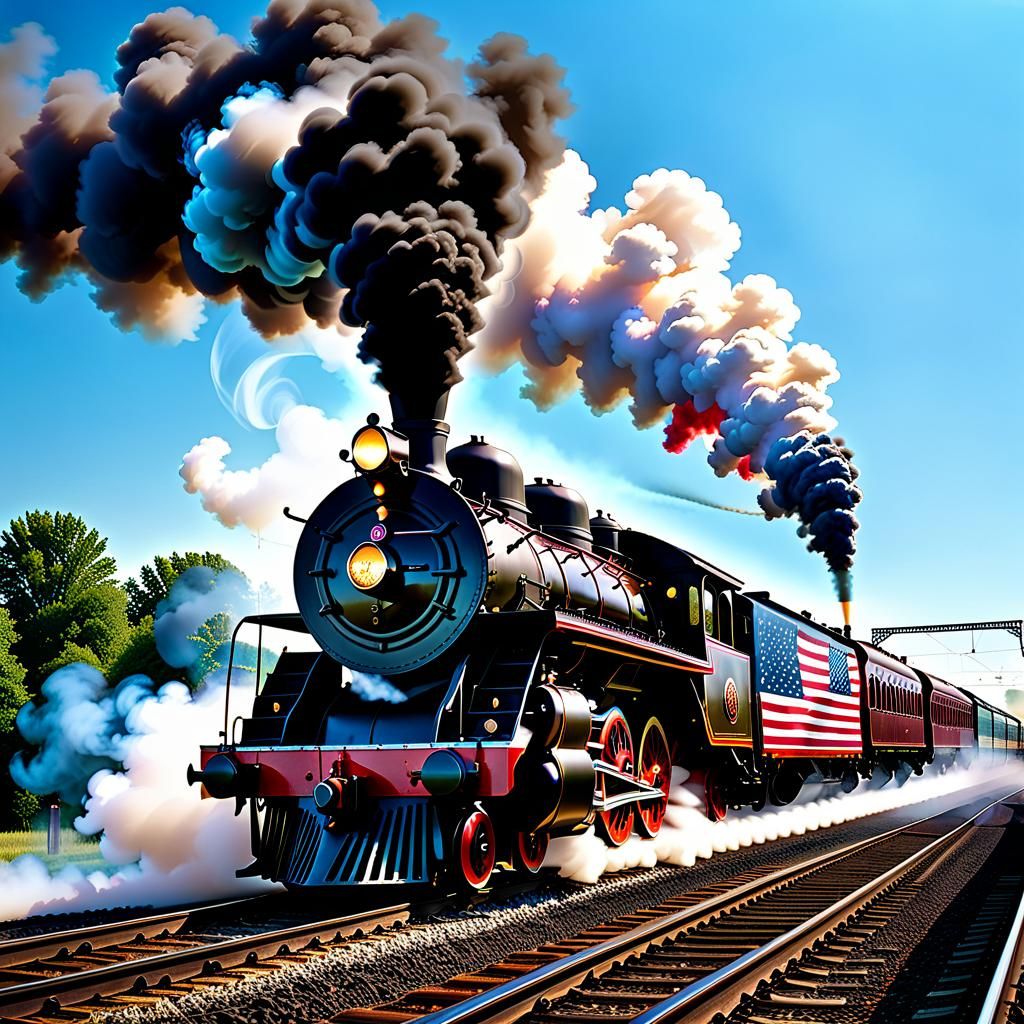 A steam train, billowing smoke with an American flag pattern in the smoke, blowing across the tracks, photo-realistic.