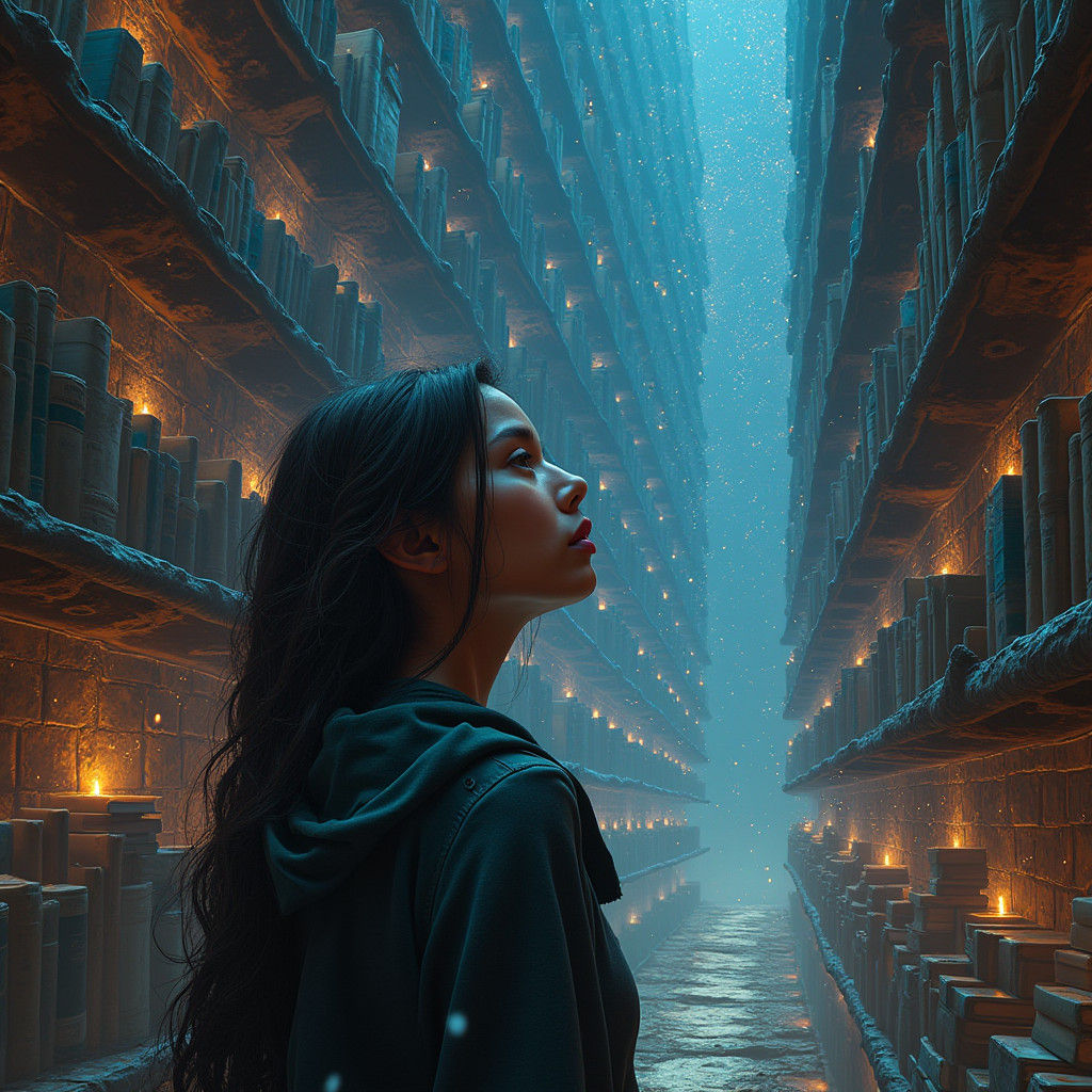 Whimsical Woman in a Celestial Library
