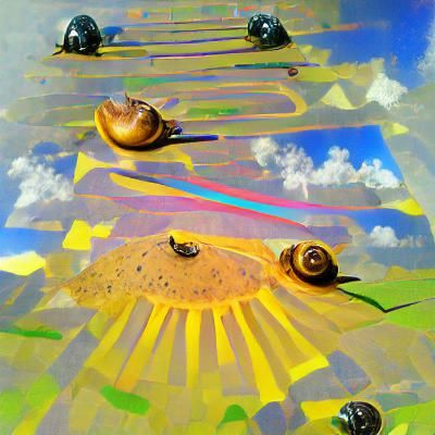 Surreal Snails Race on Tar Track in Maximalist Style