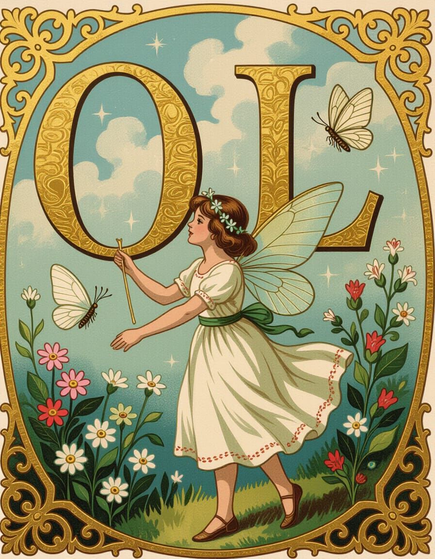 Fairies and Butterflies with Golden Letters O L Background