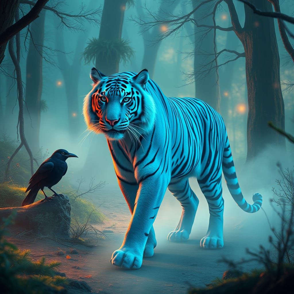 Blue Tiger and Magpie in Whimsical Forest