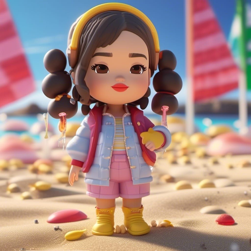 Chibi Anime Character at Beach Party in 3D Style