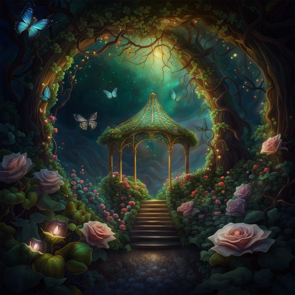 Magical Garden with Gazebo and Butterflies