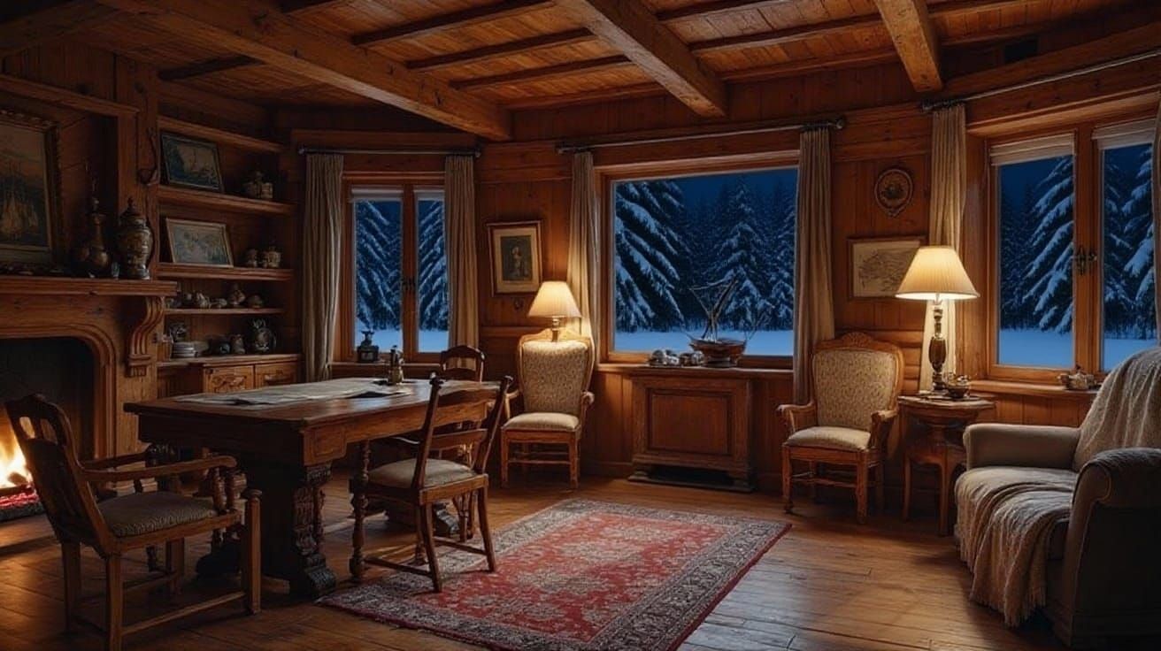 Cozy Living Room at Night with Warm Fireplace Glow