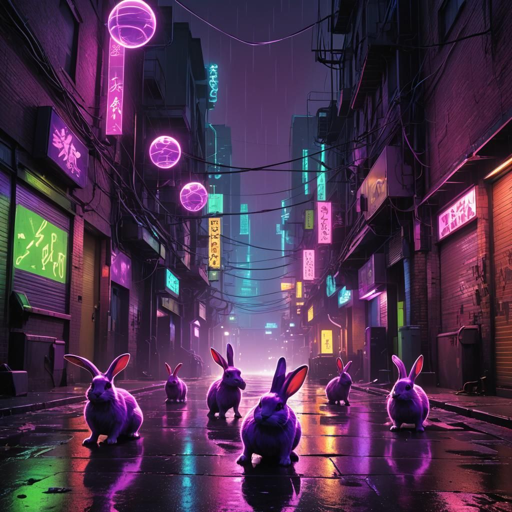 Cyberpunk Bunnies Kicking a Glowing Orb