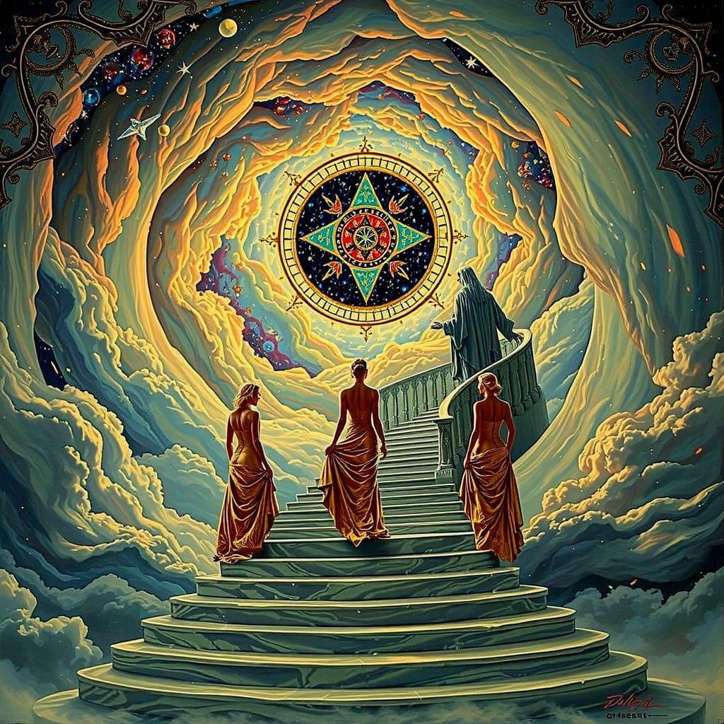 Elegant Women Ascend Celestial Staircase in Vivid Sky