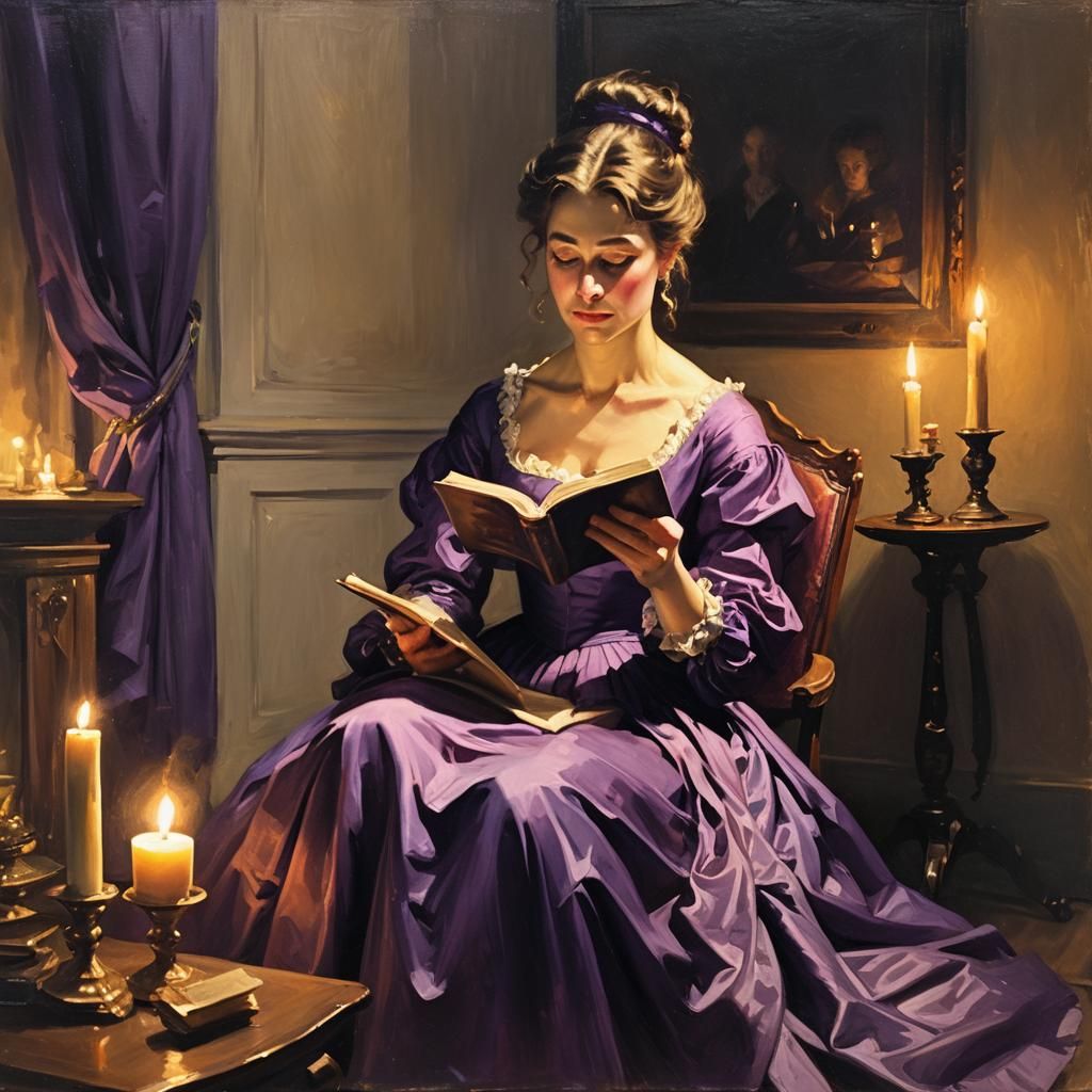Victorian Woman Reading: Oil Painting with Candlelight