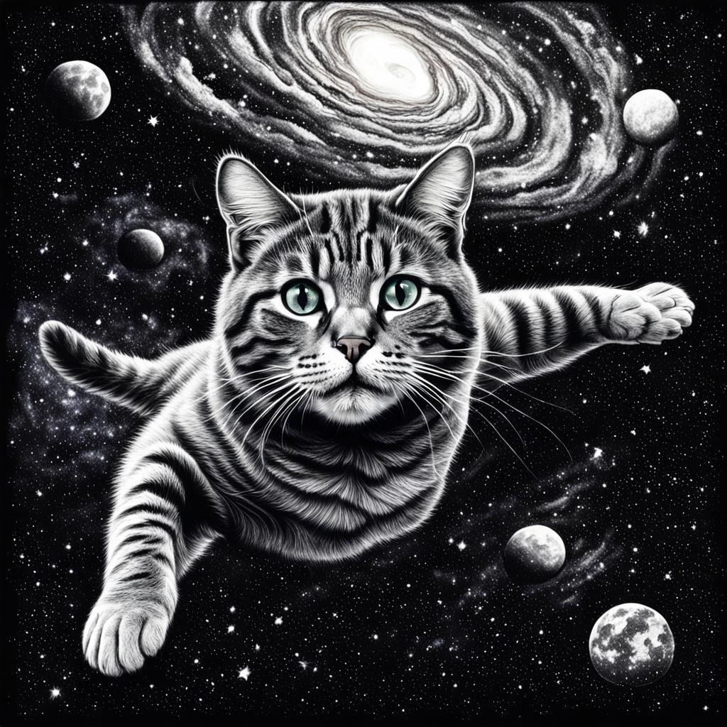 Cat in Space: Hyperdetailed Charcoal Drawing