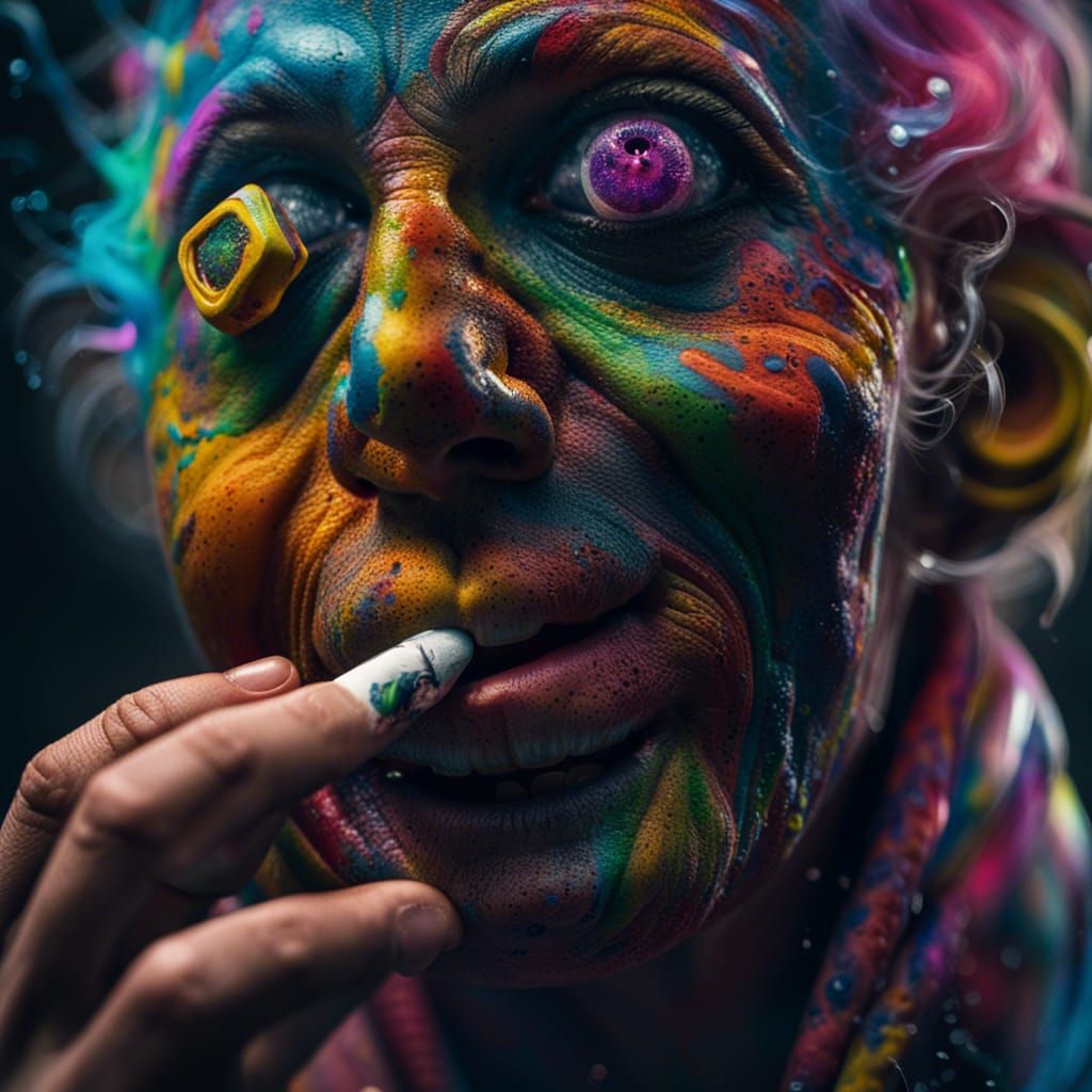 ultra realistic front shot hyperfocus superdetailed psychedelic Smiley smoking Bong smoke superdetailed tripping on lsd ...