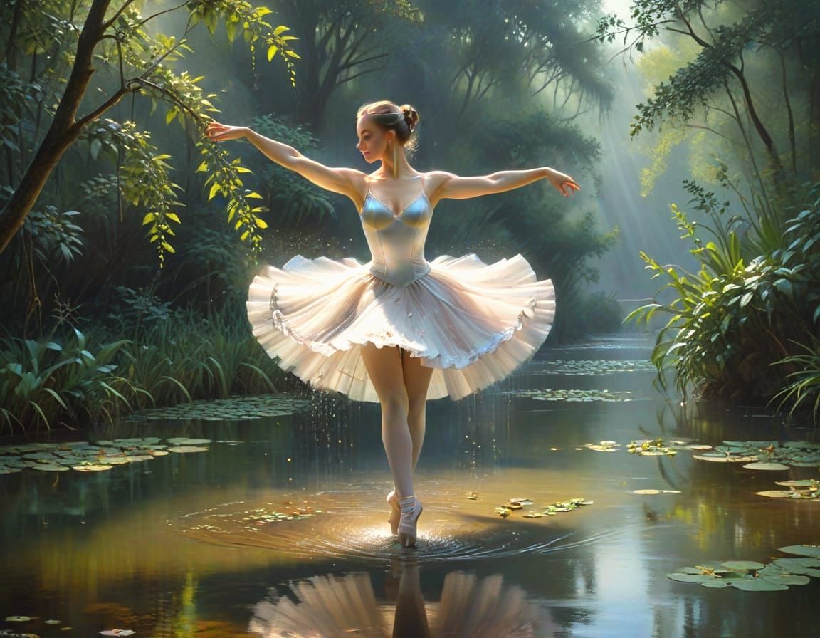 Ballerina Dancing on Misty Pond in Oil Masterpiece Style