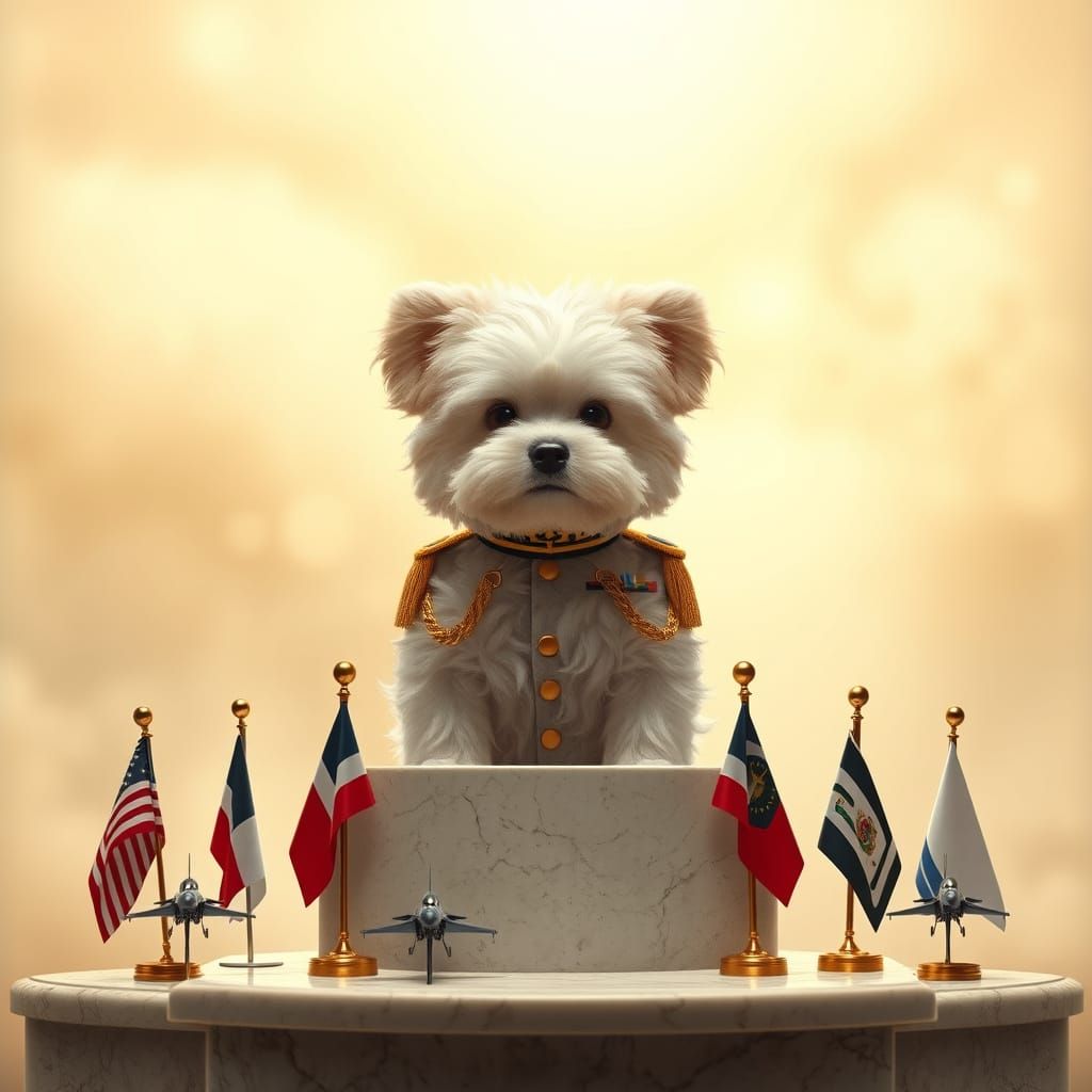 Photorealistic Commander Bichon at Podium with Miniature Fla...