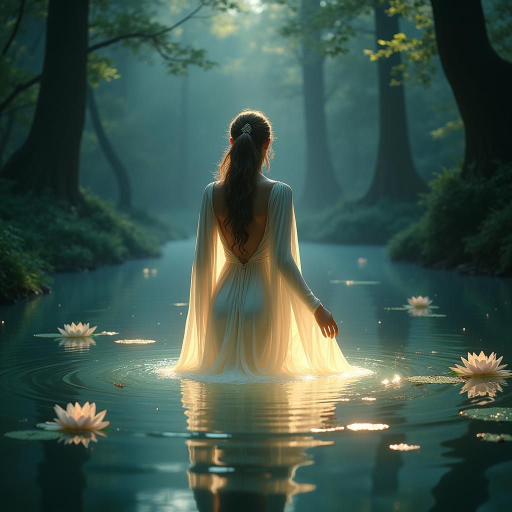 Ethereal Woman in Lake of Light: Digital Art