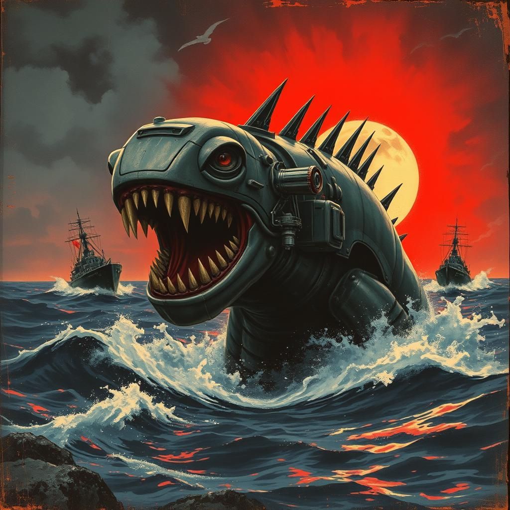 Mechanical Sea Monster Propaganda Poster in Vintage Style