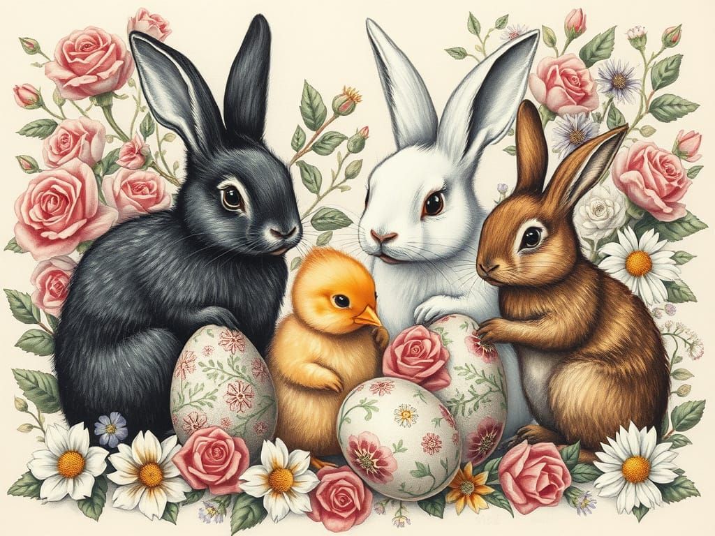 Easter Bunnies Painting Eggs in Renaissance Style