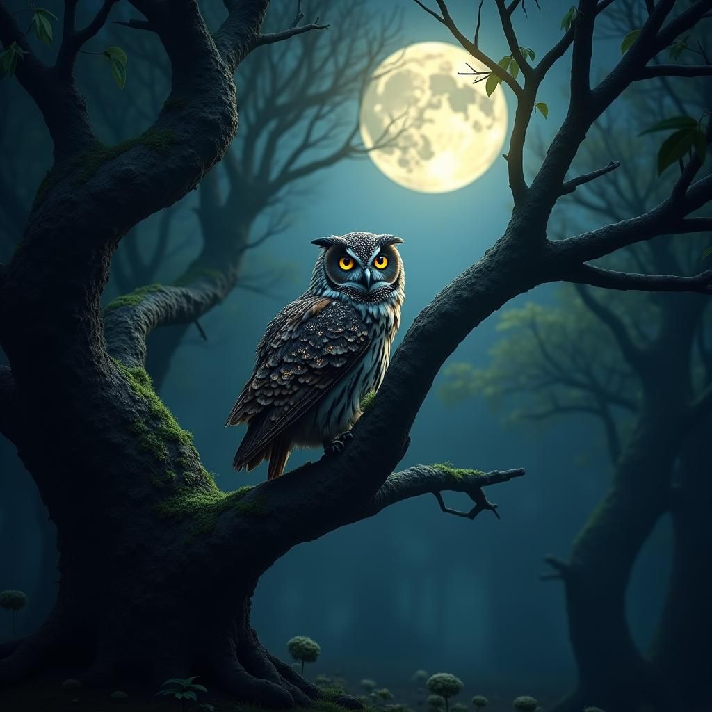 Gemstone Owl in Mystical Forest, Matte Painting