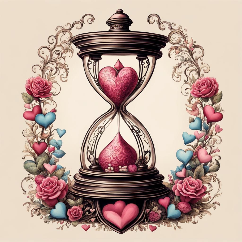 Ornate Hourglass Filled with Hearts