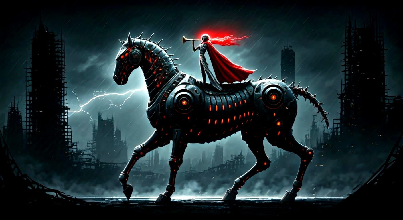 Cyberpunk Dystopian Mechanical Horse Rides into Eerie City