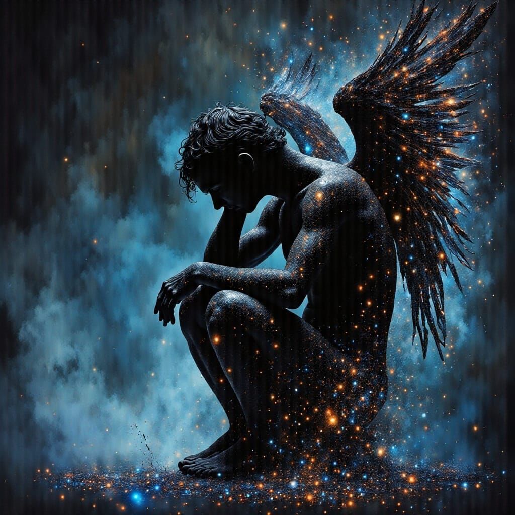 Defeated Black Angel with Broken Glittering Wings