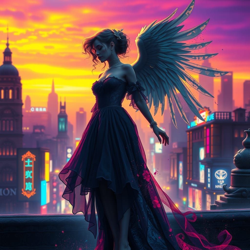 Fallen Angel in Neon Cityscape, Dark Fantasy Art