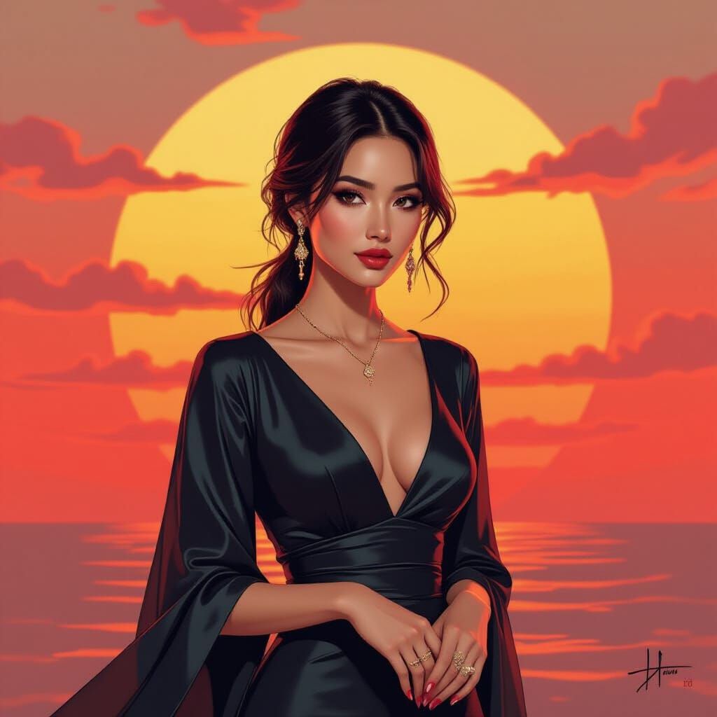 Elegant Woman at Sunset in Digital Sketch Style