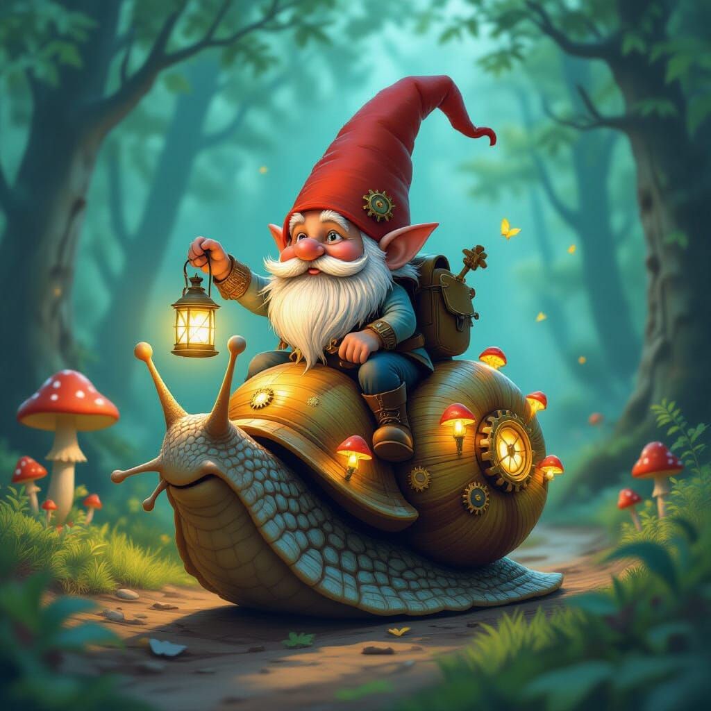 Gnome Rides Snail in Whimsical Steampunk Forest