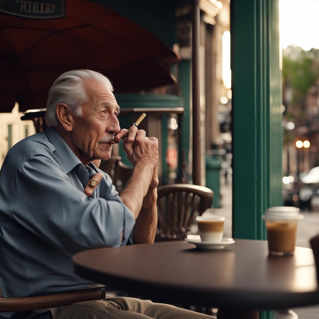New Orleans Cafe: Older Man Smokes Cigar, 4K