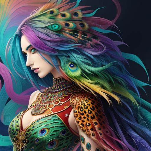 Rainbow Dragon Woman with Peacock Hair, Abstract Art